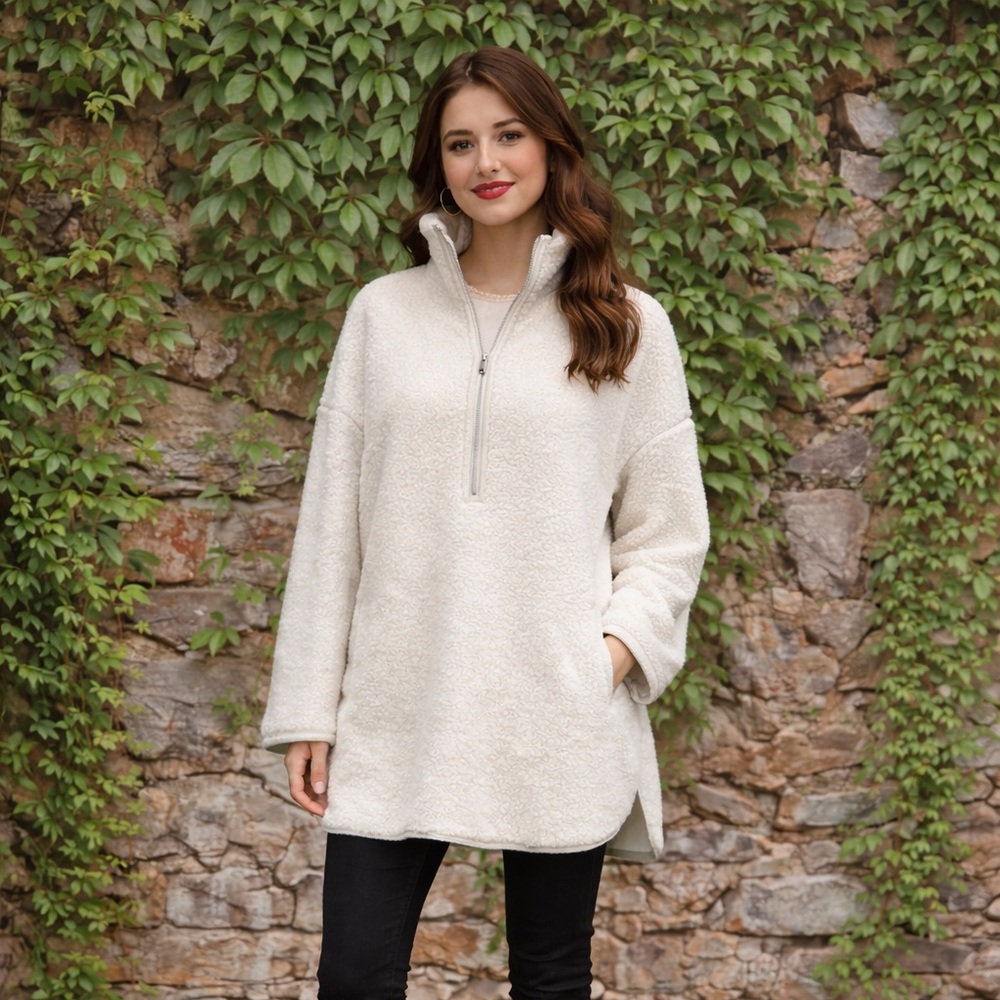 LAFAYETTE 148 Half Zip Bone Aspen Boucle Wool Blend Quiet Luxury Tunic, M